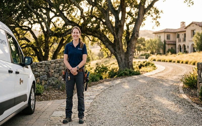 Locksmith professional in California oak estate setting in Portola Valley