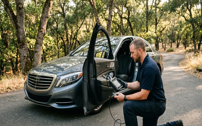Auto locksmith using key programmer next to a luxury car in a wooded California setting