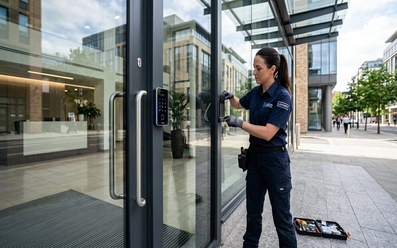Locksmith installing access control keypad at a professional office entrance