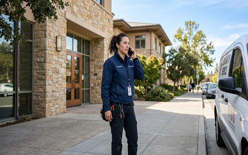 Locksmith professional on phone in front of a stone building in Portola Valley
