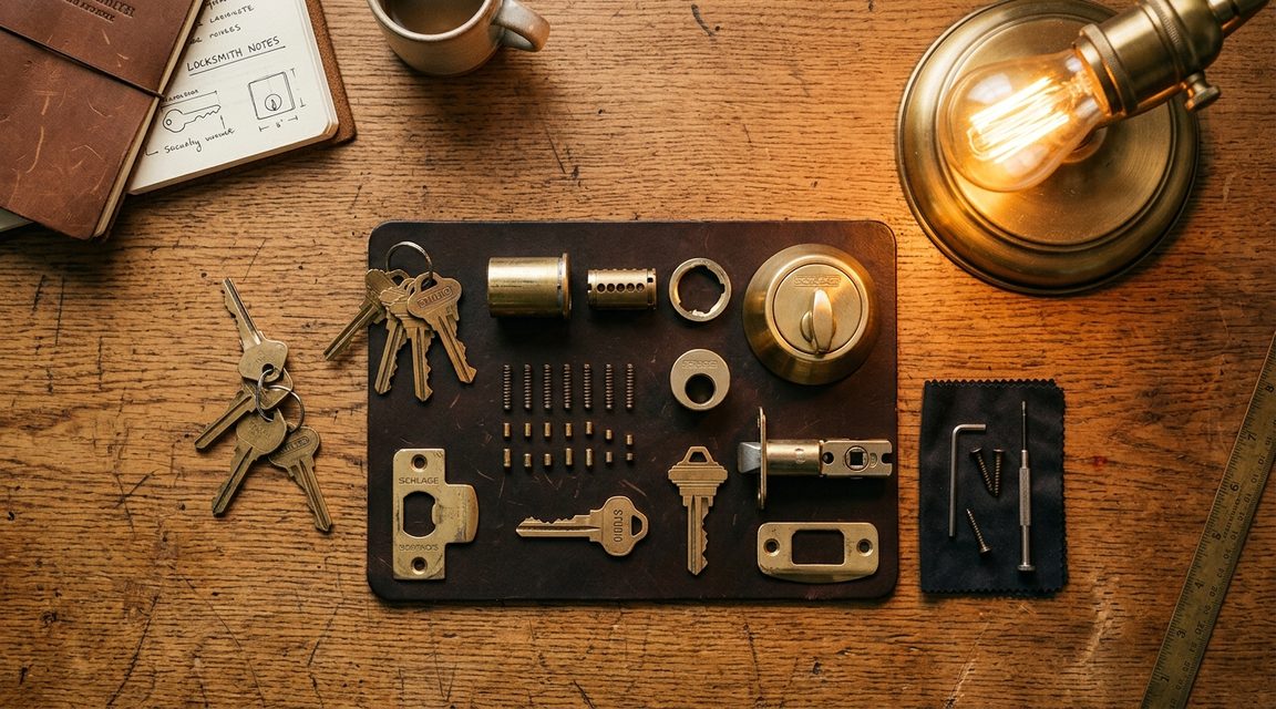 Lock hardware, keys, and cylinder components arranged on a warm wooden desk