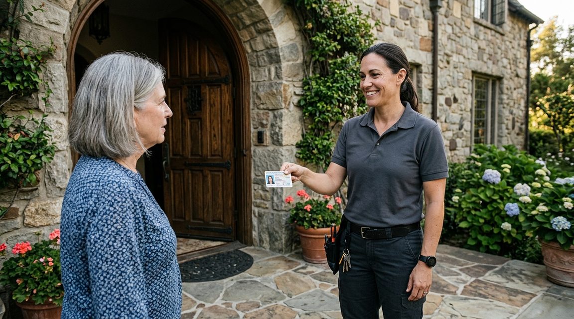Locksmith presenting BSIS credential at an estate home front door in Portola Valley