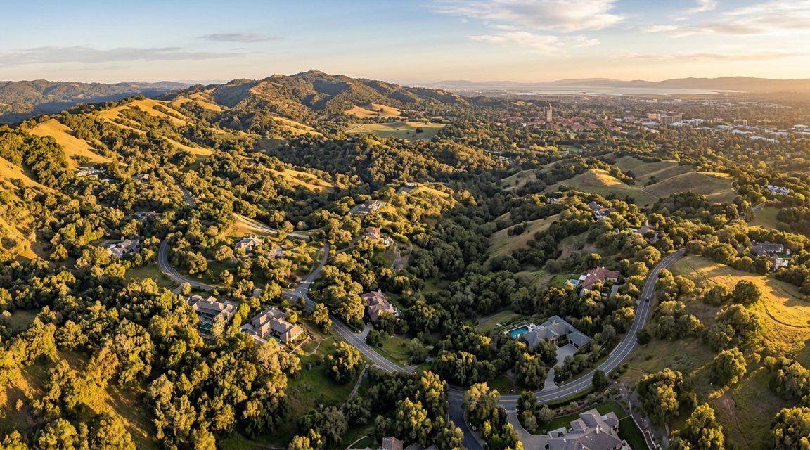 Aerial view of Portola Valley hills and Stanford foothills in California