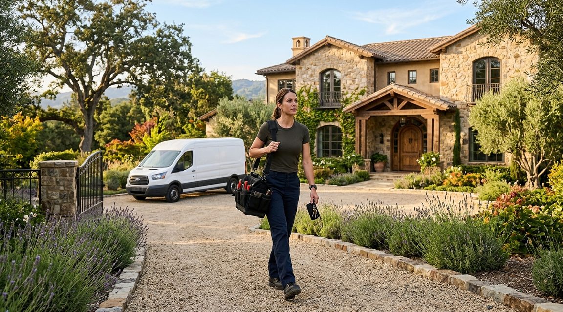 Locksmith arriving at an estate property in Portola Valley via stone pathway