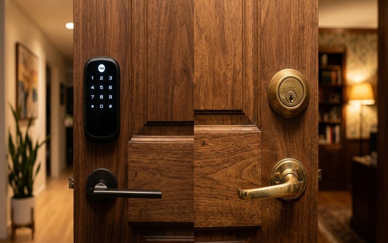 Modern smart lock keypad next to traditional brass deadbolt on a residential door