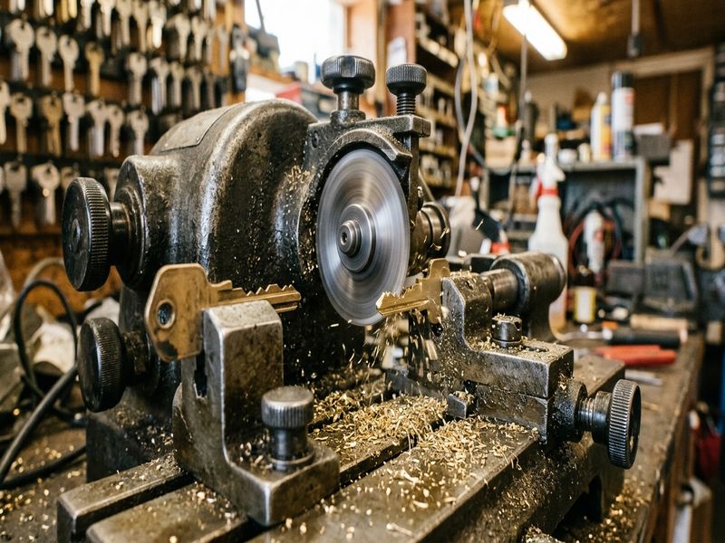 Locksmith key cutting machine in operation